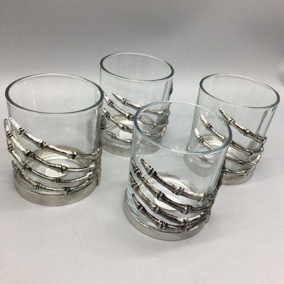 x4 Halloween Skeleton Hand DOF Glass Set Silver Metal Bones Double Old Fashioned